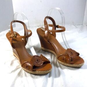 Jack Rogers Women’s Clare Raffia Rope Brown Leather 4 Inch Wedge Sandal Shoes